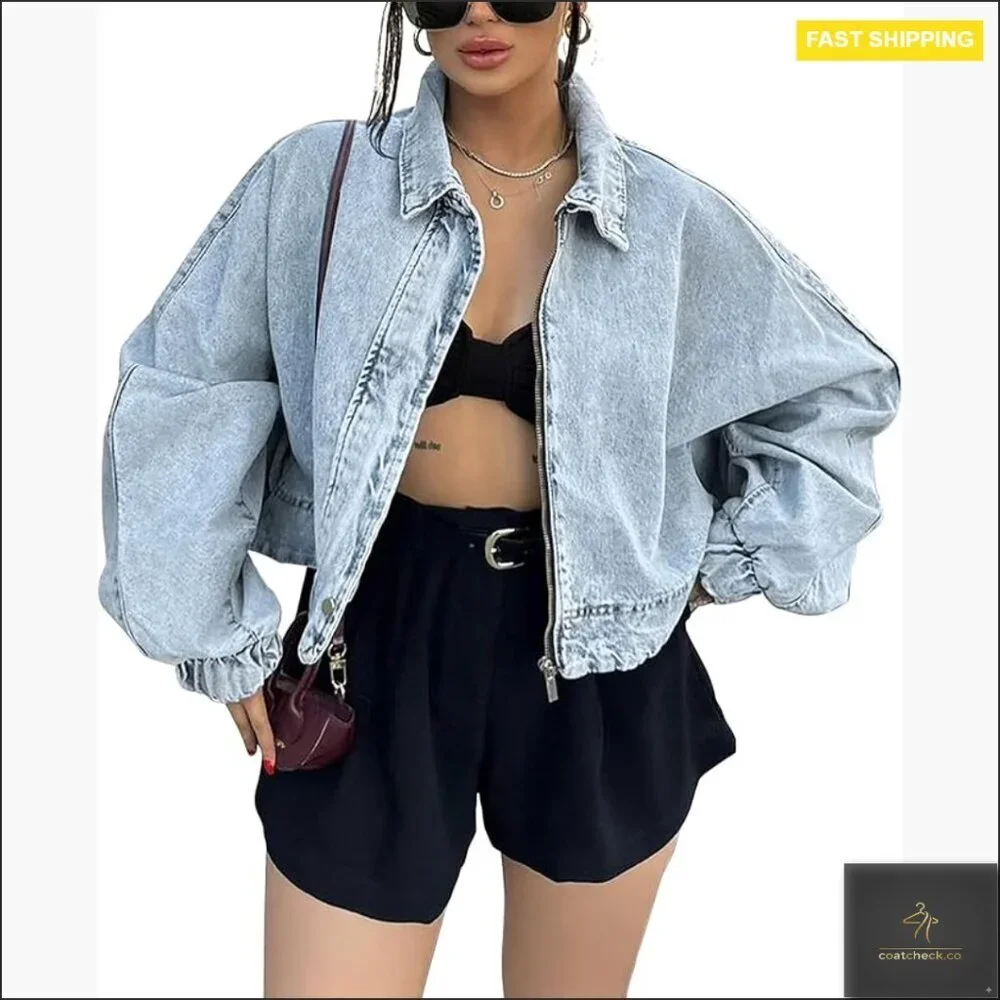 Oversized Cropped Denim Jacket Zip Up Bomber Shacket Light Wash